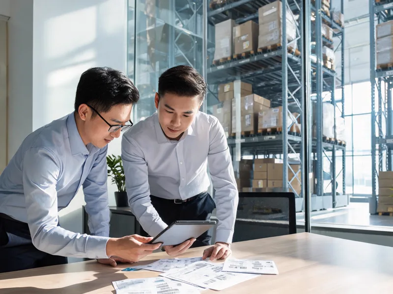 Two logistics managers reviewing shipping documents and a tablet in an office beside a warehouse