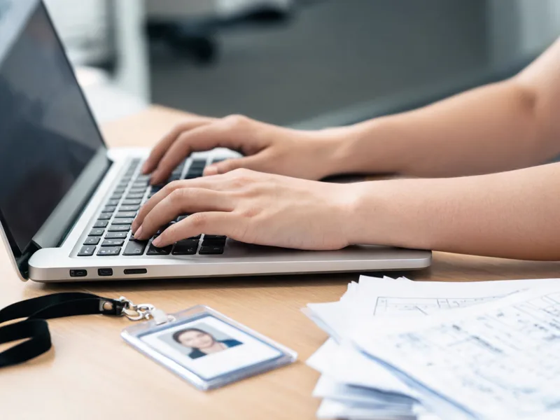 Hands typing on a laptop with an access badge and shipping documents on a desk