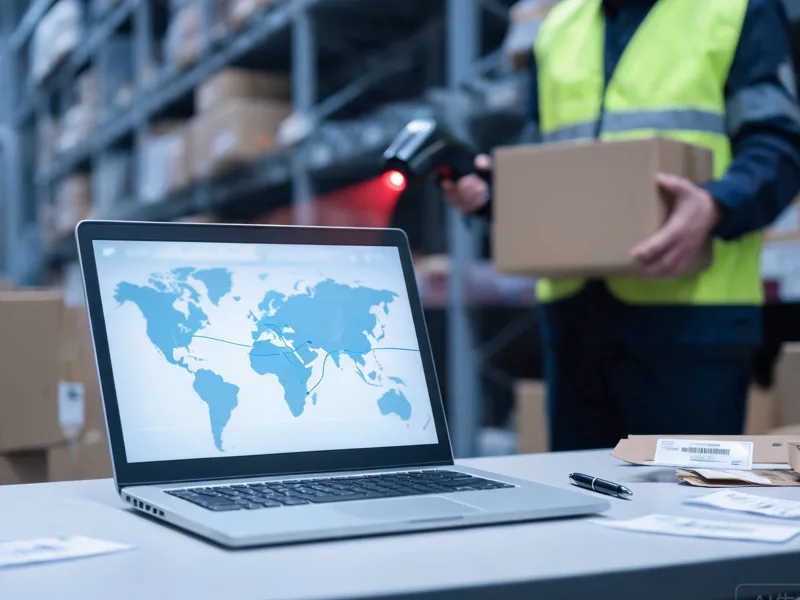 Laptop showing a global shipment tracking map while a warehouse worker scans a carton