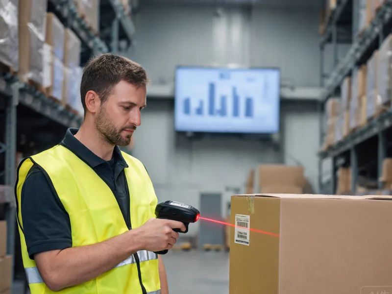 Warehouse worker scanning a carton with a barcode scanner while an inventory dashboard shows on a screen