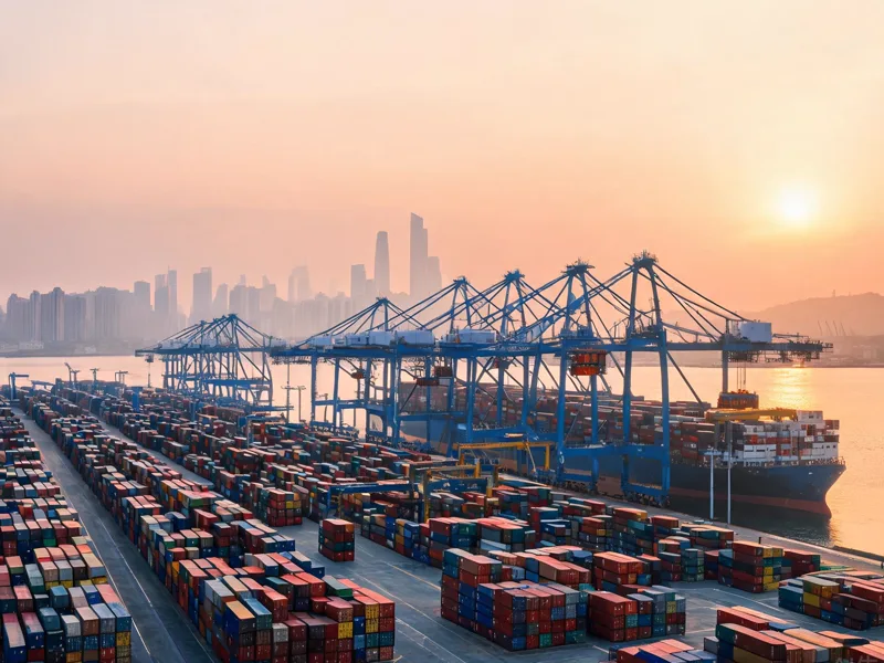 Container terminal in Shenzhen at sunset with gantry cranes loading an ocean vessel