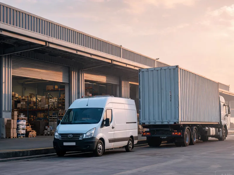 Parcel courier van parked beside a 40ft container truck at a distribution centre loading bay