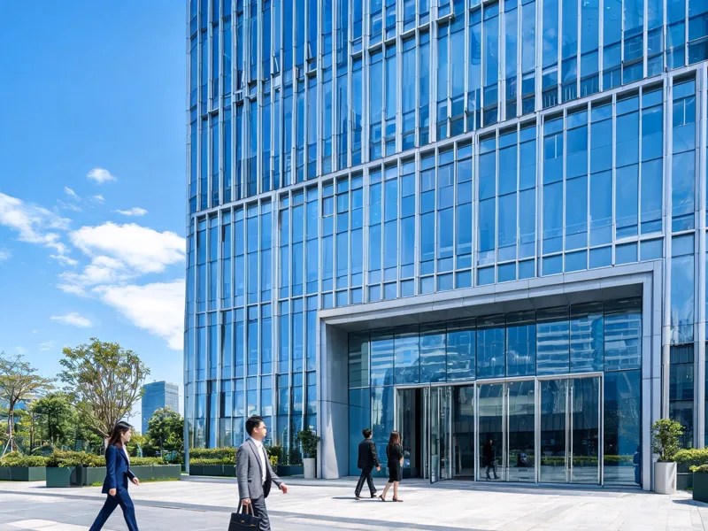 Modern glass office building in Shenzhen with businesspeople walking past the entrance