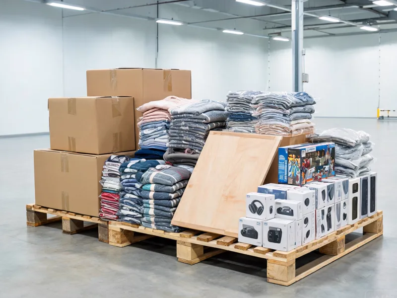 Export packing area with mixed goods on pallets: cartons, folded apparel, furniture parts and electronics boxes
