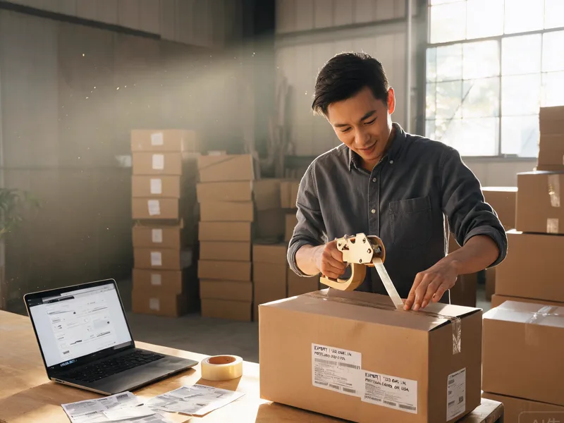 Small business owner sealing export cartons in a compact warehouse with a laptop on the table